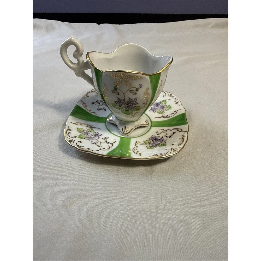 Vtg Hand Painted Japan Demitasse Cup Saucer Footed Green Gold Purple Floral